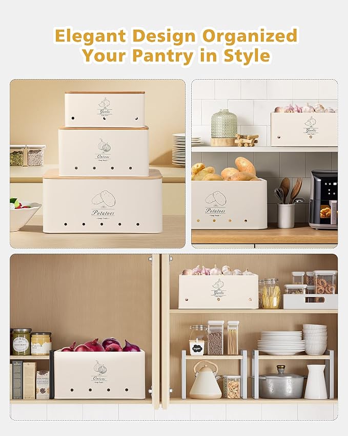 Kitchen Vegetable Storage Tins Set of 3 for Potatoes, Onion, Garlic, Vegetable Storage Containers with Ventilation and Bamboo cover, White metal material, Potato and Onion bin for Pantry - Image 6