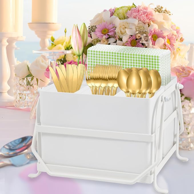 NelyBet Silverware Caddy Utensil Holder With Handle,Outdoor Silverware Holder Picnic Caddy and Camping Utensil Organizer, Flatware Holder for Party Gatherings, Metal -White - Image 5