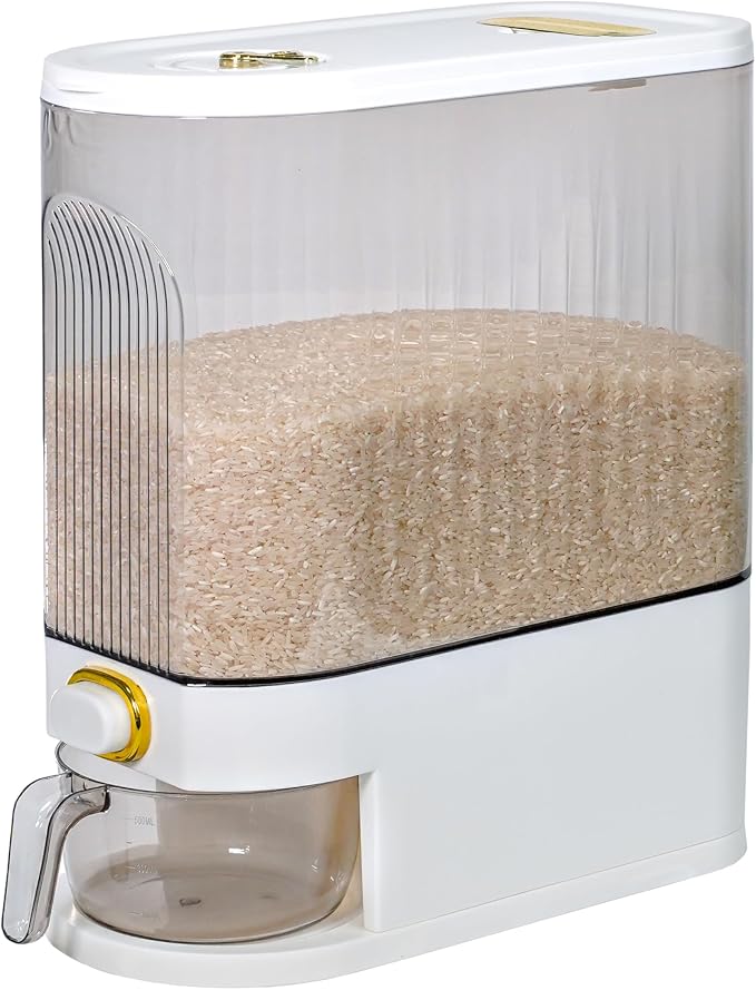Rice Storage Container 10kg, Clear Food Grain Dispenser with Date Dial & Measuring Cup, Space-Saving Organizer for Rice, Cereal, Pet Food, Pasta by Unknown