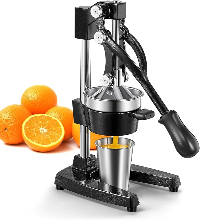 QCen Manual Citrus Juicer Cast Iron Heavy Duty Orange Press | Stainless Steel Strainer, Hand Squeezer, Easy To Clean, For Orange, Lemon, Lime And Grapefruit, Black by QCen