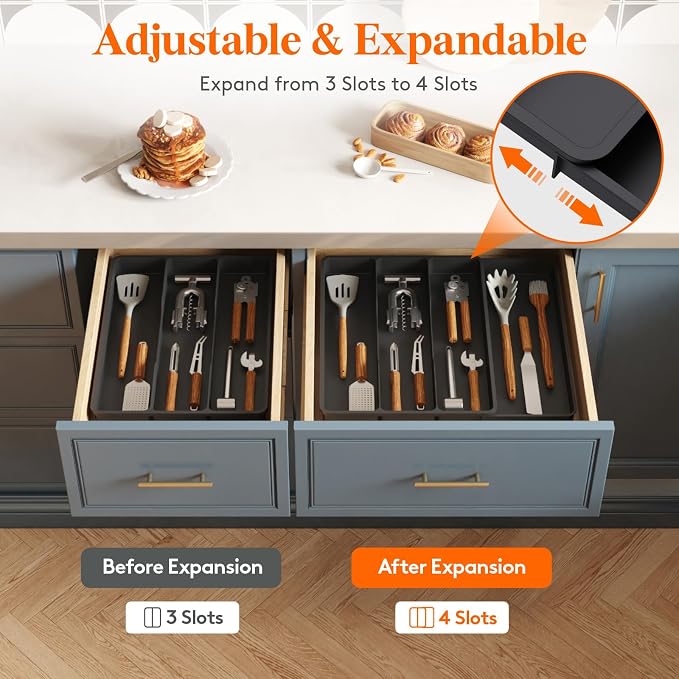 Lifewit Utensil Organizer for Kitchen Drawer, Expandable Cooking Silverware Tray, Adjustable Cutlery Flatware Holder, Plastic Spatula Tools Storage Divider, 17.3 x 15.8", Black - Image 4