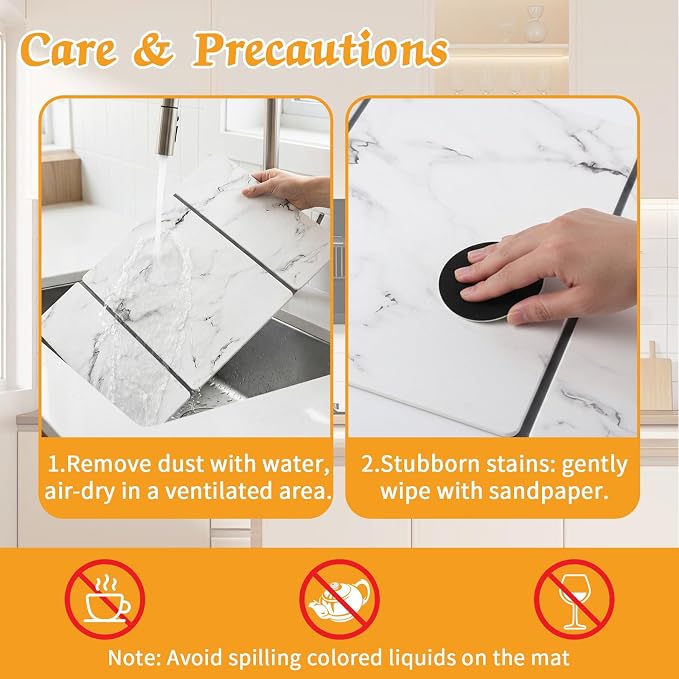 Stone Dish Drying Mat for Kitchen Counter, 24 x 16 Inch(White Marble Vein) | Absorbent diatomaceous earth and PVC, folds for compact storage, suitable for dishes, cups, bottles, or a bathroom floor mat - Image 3