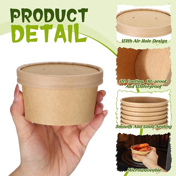 Fulmoon 100 Pack Paper Soup Containers with Lids Disposable Paper Food Containers with Vented Lid Kraft Ice Cream Cake Dessert Cups Soup Bowl for Party Hot Food Fruit Microwave(6 oz,Brown) - Image 3