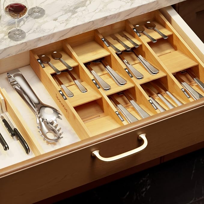 SpaceAid Bamboo Silverware Drawer Organizer with Labels, Kitchen Utensil Tray Holder Organizer for Flatware, Cutlery, Spoon and Knives Drawer Storage Organization (12 Slots) - Image 6