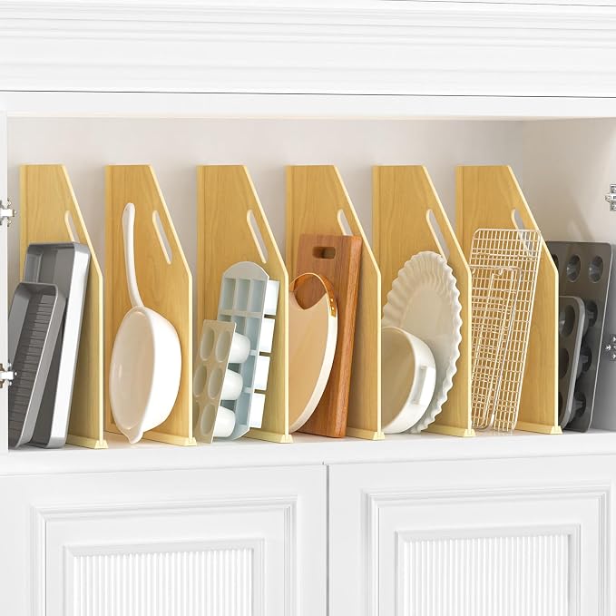 6 Pack Wood Tray Dividers for Cabinet, Cookie Sheet Organizer for Cabinet | No cutting required, Premium Wood, 2 Assembly Methods, Kitchen Cabinet Dividers for Storing pans, Baking tray, Cutting Board by sandpaint