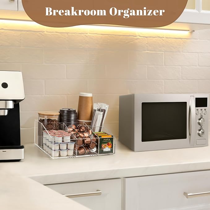 BEYGORM Acrylic Coffee Bar Station Organizer for Countertop | Coffee Gift for Coffee Lovers, Office Breakroom Storage Holder for Kcup Pod, Condiment, Cup, Tea, Creamer, Syrup (Clear) - Image 7