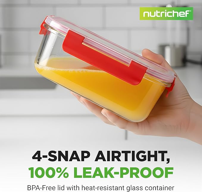 NutriChef 24-Piece Glass Food Storage Containers with Lids - 12 Stackable Heavy Duty Meal Prep Containers w/ 12 Airtight Lids - Microwave, Freezer, & Dishwasher Safe for Food, Snacks, & Fruit-(Red) - Image 3