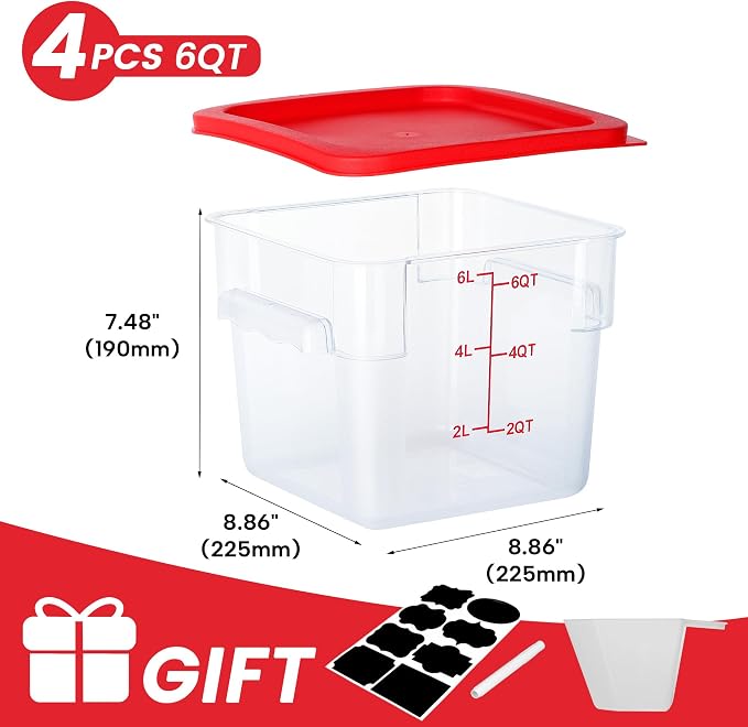 BIEAMA 4 Pack 6 Qt Square Food Storage Containers with Lids, NSF, Clear | Commercial polycarbonate containers with scale markings and handles; stackable for prep, brining, fermentation & bulk storage - Image 2