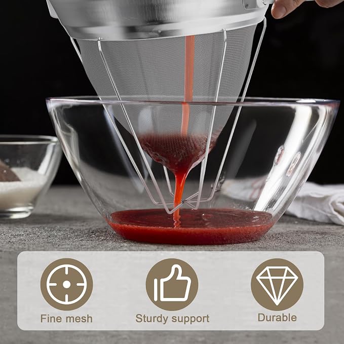 10" Chinois Strainer,18/8 Stainless Steel Conical Fine Mesh Bouillon Sieve | Heavy Duty China Cap Strainers with Stand for Sauces Soups Broth Purees Jam - Image 6