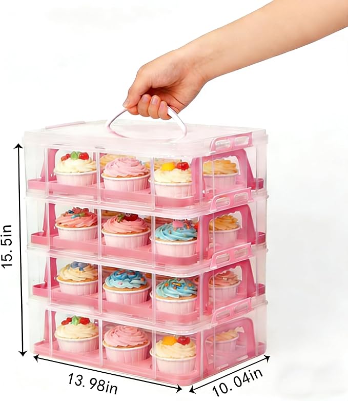Cupcake Carrier Stackable Storage Container Collapsible Cake Carrier with Lid and Handle, with 50 PCS Cupcake liners,Reusable Plastic Dessert Travel Container,Transport Box (48 Cupcakes Pink) - Image 2