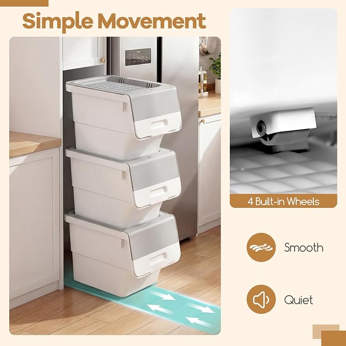 GIANTEX 3 Pack Plastic Stackable Storage Bins with Lids & Wheels, 35 QT | Open Front Stacking Bins, Organizer Bins for Pantry, Kitchen, Laundry, Closet, Playroom, Bedroom Organization - Image 6
