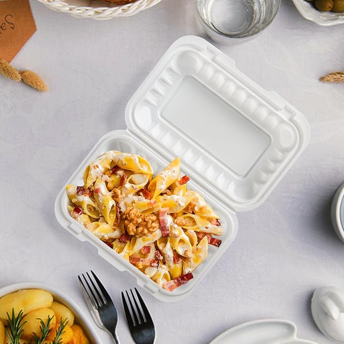 9x6 27 oz 50 Pack To Go Containers - Shrink Wrap Ready to Use | Mineral Filled PP BPA Free Clamshell | Freezer Microwave Safe | White Reusable Food Boxes for Commercial, Sandwiches & Salad - Image 4