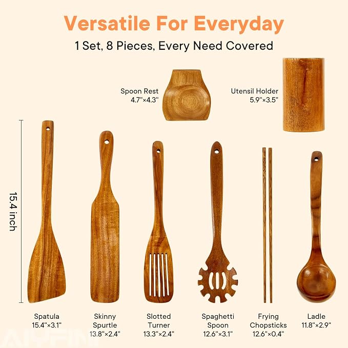 Non-Toxic Wooden Kitchen Utensils Set, 15.4" Long Handle Wood Spatula for Cooking, Egg Flipper Fish Turner Spatula for Non Stick Frying Pan, with Chopsticks, Soup Ladle, Pasta Spoon, Holder, Rest - Image 2