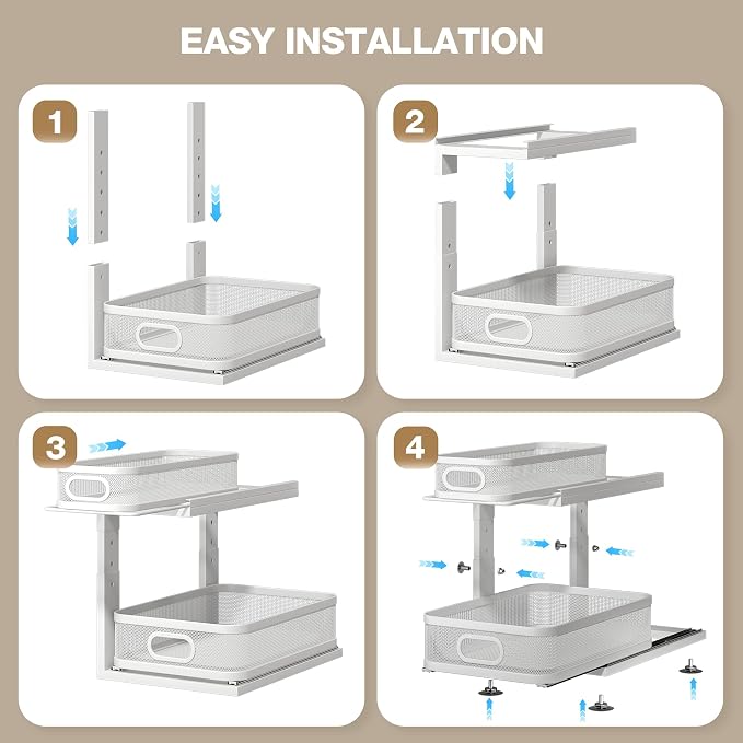 2 Pack Under Sink Organizer With Next-Gen Ball-Bearing Slides,2-Tier Precision Mesh Pull Out Cabinet Drawers Storage for Bathroom&Kitchen,Height Adjustable Shelf,Rust-resistant-Patent Pending - Image 5
