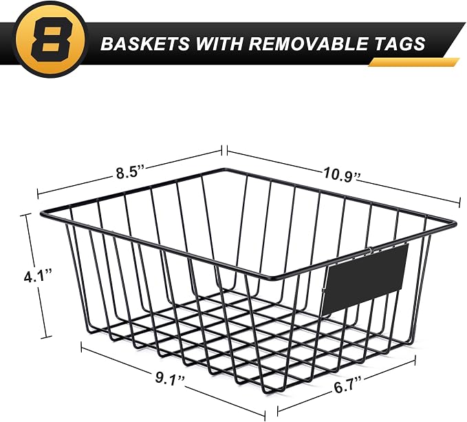 8 Pack Wire Storage Baskets for Organizing with Removable Tags, Pantry Organization Bins for Kitchen Cabinets, Closet - Metal Basket for Laundry, Garage, Refridge, Bathroom Countertop Organizer, Black - Image 6