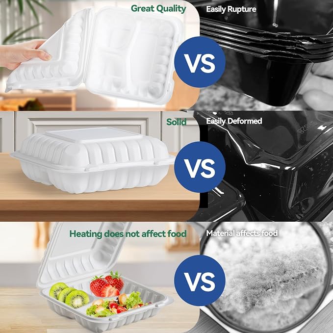 Food Containers 8" 34 oz 55 Pack - Shrink Wrapped Ready to Use | 3 Compartment Mineral Filled PP Clamshell | Microwave & Freezer Safe | BPA Free White To Go Boxes for Meal Prep & Leftovers - Image 5