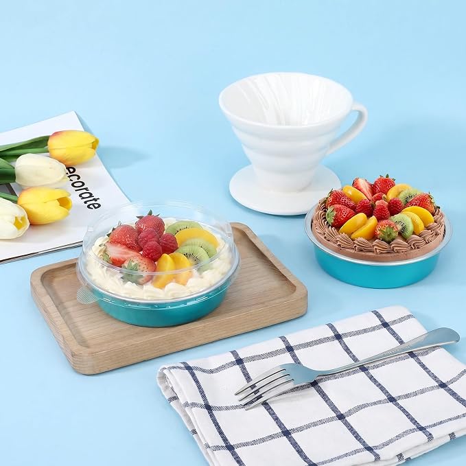 Beasea 4 Inch Mini Pie Tins with Lids, 50 Pack 7.3 Oz Aluminum Foil Baking Cups, 215ml Disposable Mini Tart Tins, Small Round Muffin Container Cheesecake Cups Pie Tart Pans - Blue Green - Image 6
