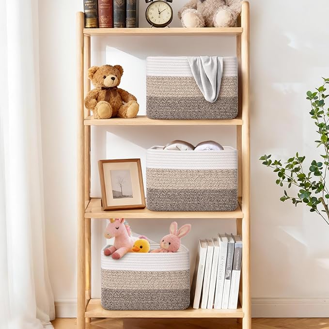 Storage Baskets for Organizing, 4 Pack Baskets for Shelves, Decorative Storage Bins for Shelves, Cotton Rope Storage Basket with Handles, Woven Basket for Storage, 13''Lx8.7''Wx7.9''H, Gradient Brown - Image 2