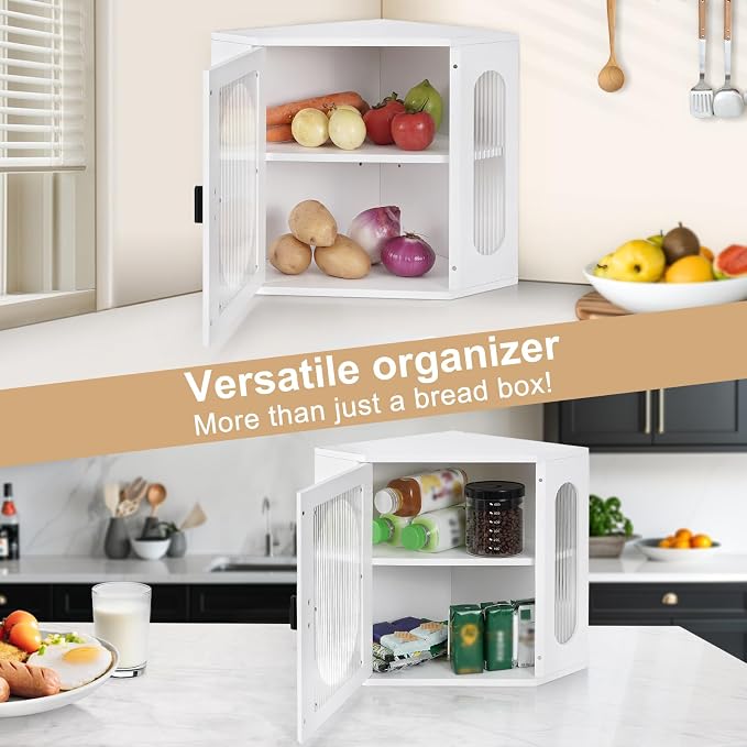 Sunhoo Bread Box for Kitchen Countertop Corner Bread Storage Wooden Breadbox Container 2 Layer Bread Holder Keeper Large Farmhouse Bread Bin Shelf for Homemade Pantry Vintage Acrylic Window (White) - Image 6