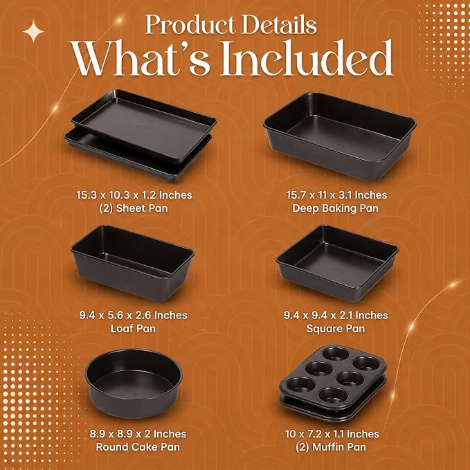 Nonstick Bakeware Set 8 Piece - Stackable Baking Pan Set, Oven safe 450°F, Carbon Steel Baking Set with Muffin, Loaf, Cookie Sheets & Roaster, Easy Storage, BPA-Free (Dark Brown) - Image 7