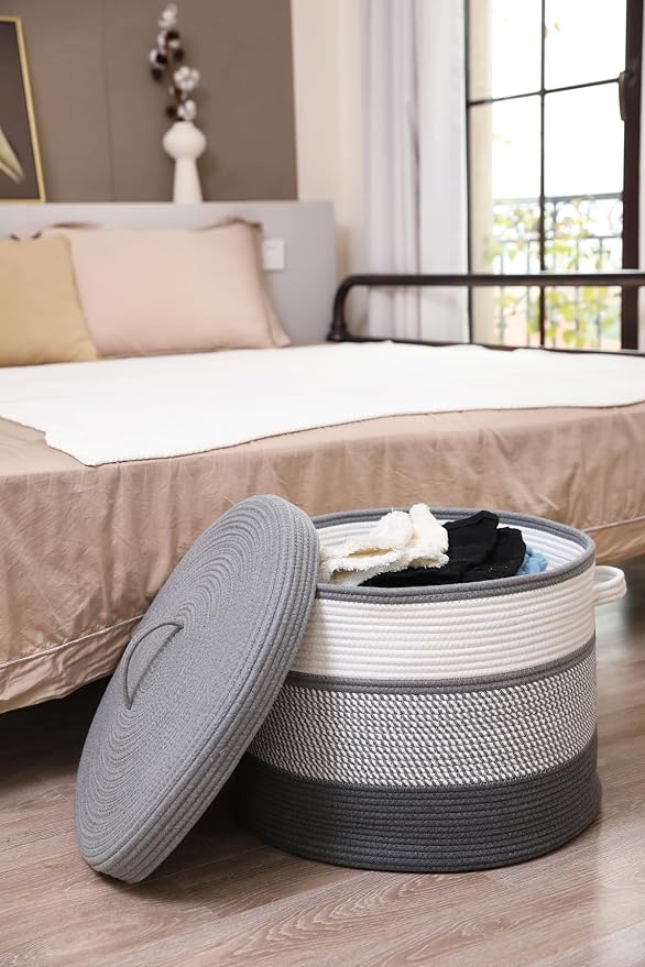 20x15 Inch Extra Large Round Cotton Rope Storage Basket with Lid, Decorative Woven Bin with Cover for Living Room Bedroom Closet, Grey Mix & Dark Grey - Image 3