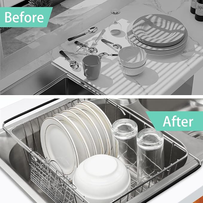 Sink Dish Drainer Rack, Expandable 304 Stainless Steel Drying Rack | Large Capacity Sink Dish Rack with Utensil Holder, Adjustable 15.35"-20.47", Fits Inside Sink, Holds Up to 13 Utensils - Image 5