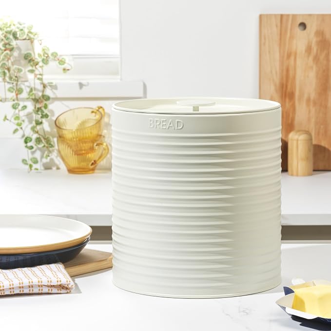 Russell Hobbs RH03269CEU7 Ribbed Bread Bin – Metal Bread Box, Large Kitchen Canister, Countertop Storage/Organisation, Durable Powder-Coated Steel, Pull Top Lid, Easy to Clean, Ribbed Design, Cream - Image 3