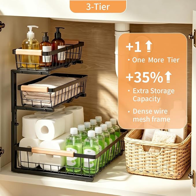 3 Tier Grid Pull Out Under Sink Organizer Black 1 Pack | Heavy duty grid pull out organizer with reinforced structure for storing cleaning supplies under sink and cabinet spaces - Image 4