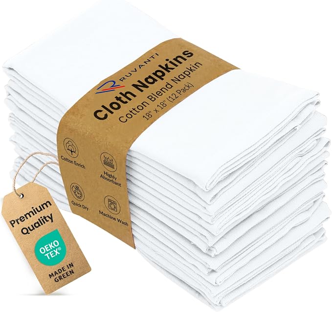 Ruvanti Cloth Napkins set of 12, 18x18 Inches Napkins Cloth Washable, Soft, Durable, Absorbent, Cotton Blend. Table Dinner Napkins Cloth for Hotel, Lunch, Restaurant, Weddings, Events, Parties - White by Ruvanti