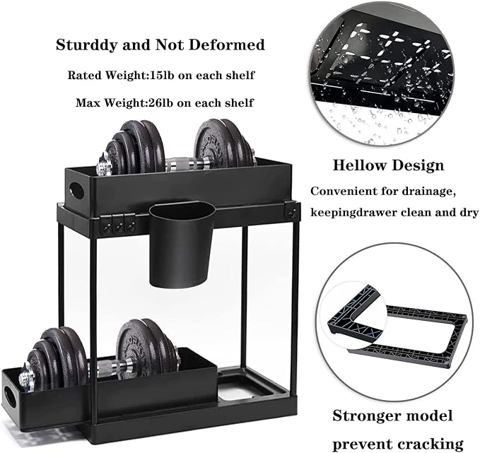 Double Sliding Cabinet Basket Organizer Drawers, 2 Tier Slide Out Under Sink Organizers Storage Under Cabinet Bathroom Organizer with Hooks & Hanging Cup for Kitchen Countertop (Black) - Image 4