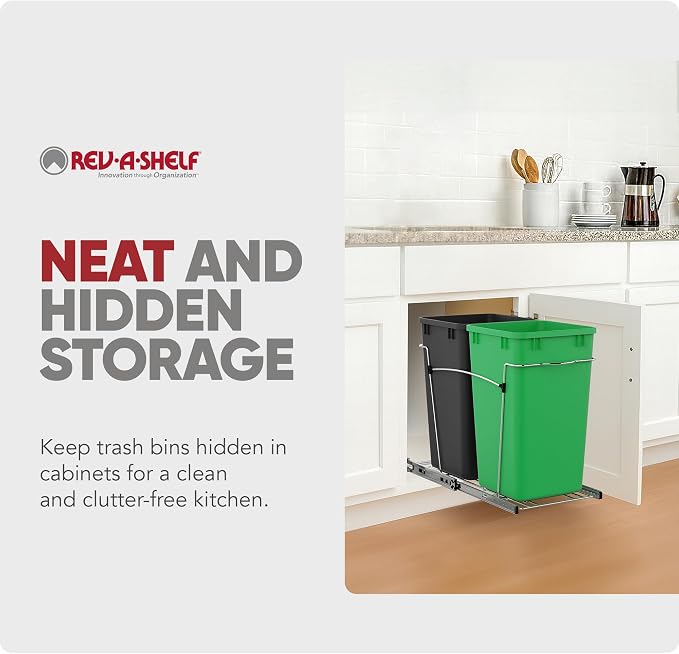 Rev-A-Shelf Pullout Trash Can for Kitchen Cabinets 27 Qt Garbage Recycling Bin with Full Extension Slide, Green/Black, RV-15KD-1918C-S - Image 5