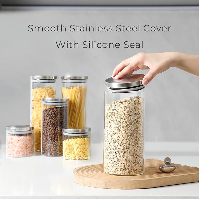 ComSaf Glass Food Storage Containers with Stainless Lids, 44 OZ Clear Glass Jar with Lid, Glass Containers with Lids set of 3, Flour Container for Pasta Sugar Tea Coffee Bean, Kitchen Canister Set - Image 4