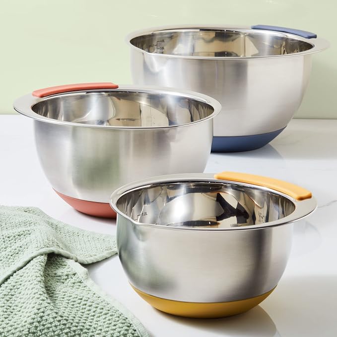 Ayesha Curry Kitchenware Pantryware Stainless Steel Nesting Mixing Bowls, 3-Piece Set, Silver with Color Accent Handles - Image 8