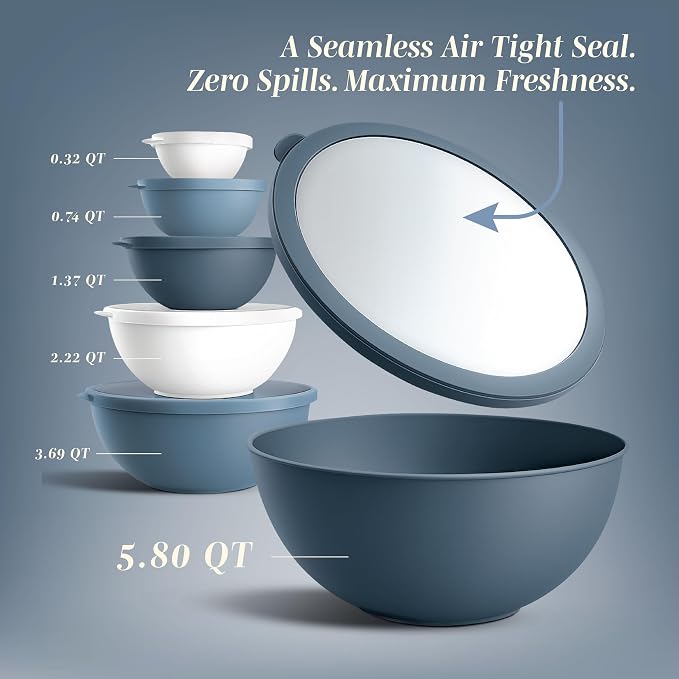 COOK WITH COLOR Mixing Bowls with Lids - 12 Piece Plastic Nesting Bowls Set includes 6 Prep Bowls, Microwave Safe Mixing Bowl Set, Blue and White TPR Lids - Image 2