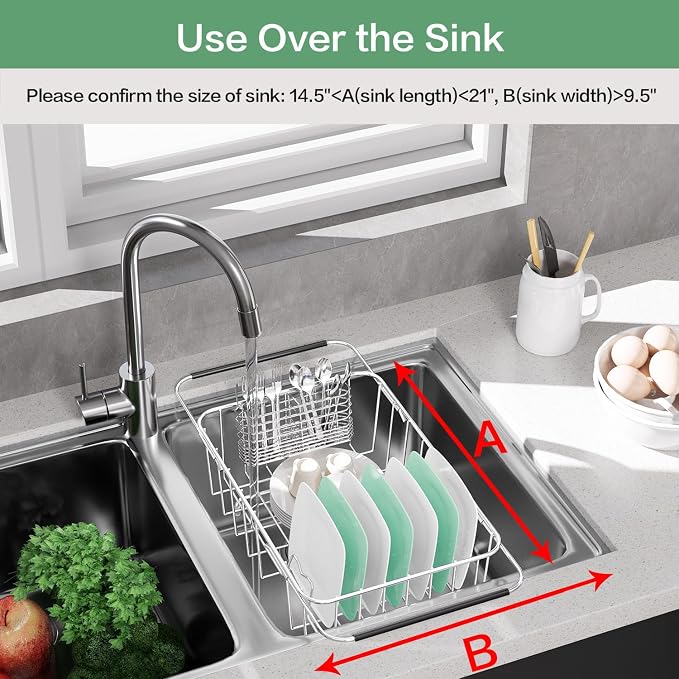 Fanbsy Small Dish Drainer Rack in Sink Adjustable, Expandable Stainless Steel Metal Dish Drying Rack Organizer with Stainless Steel Utensil Holder Over Inside Sink Counter, Rustproof(for 1-2 People) - Image 4