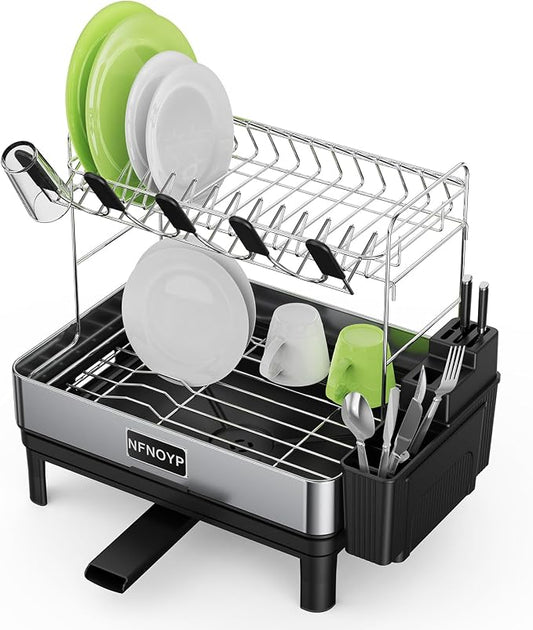 Dish Drying Rack, 2 Tier 304 Stainless Steel Dish Rack and Drainboard Set, Rustproof Dish Drainer with Anti-Pooling Automatic Drainage, Large Capacity Kitchen Counter Organizer, Black by Nfnoyp