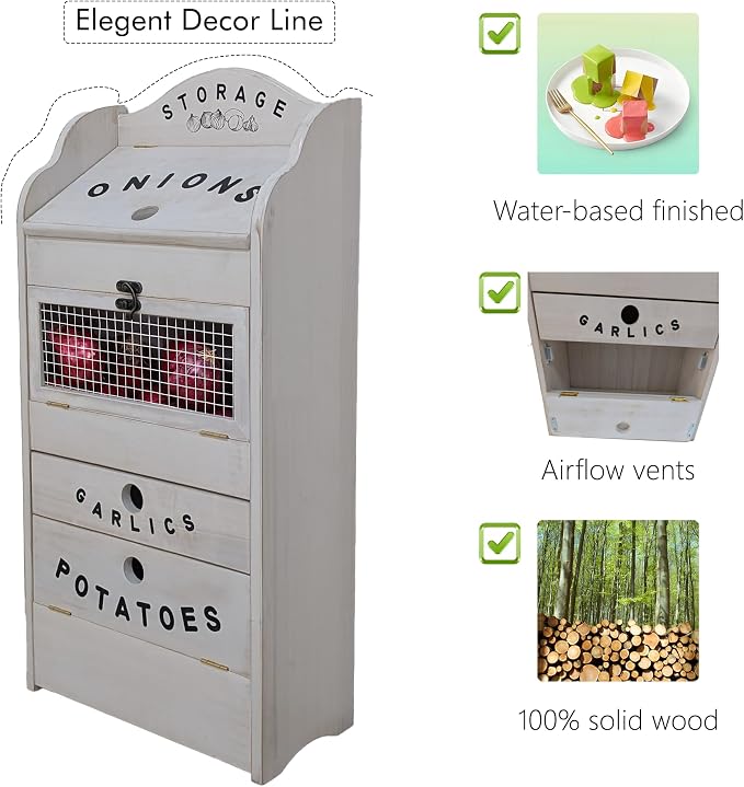 ARTAWEIN Pine Wood Veggie Bin for Potato, Onion and 1 Garlic Drawer Vegetable Box for Kitchen Storage, Solid Wood Vegetable Bin 13.77" L X 7.1" W X 29.3" H (Rustic White) - Image 6