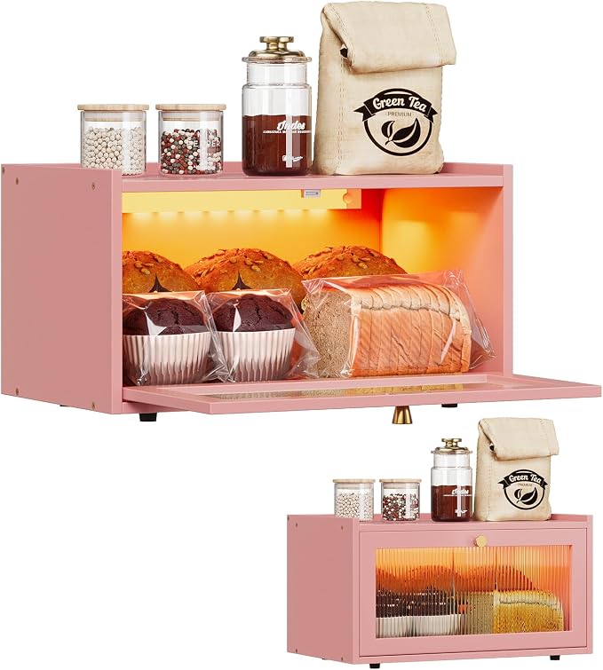 Trironsun Bamboo Bread Box with Led Light for Kitchen Counter Large Capacity Bread Storage Container Kitchen Countertop Organizer with Window Bread Holder (Pink) by TrironsunHome