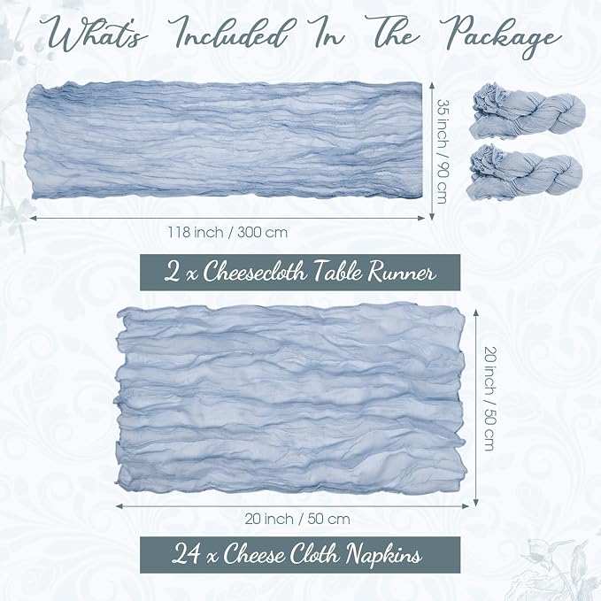 Pcs Cheesecloth Napkins and Table Runners Set, 10 ft Cheese Cloth Table Runners Boho Wedding Decor Rustic Wrinkled Gauze Napkins for Wedding Birthday Party Baby Shower(Gray Blue,26) - Image 2