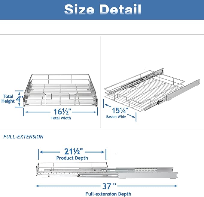 Pull Out Cabinet Organizer 16½" W x 21½" D, Heavy Duty Cabinet Pull Out Shelves, Slide Out Drawers Organization for Kitchen Cabinets Bathroom - Image 3