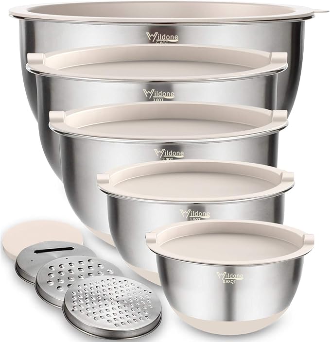 Wildone Mixing Bowls with Airtight Lids Set, 5PCS Stainless Steel Khaki Nesting Bowls for Kitchen, with Grater Attachments & Non-Slip Bottoms, Size 5, 3, 2, 1.5, 0.63 QT, Great for Mixing & Serving by Wildone