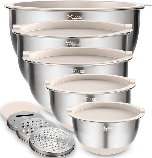 Wildone Mixing Bowls with Airtight Lids Set, 5PCS Stainless Steel Khaki Nesting Bowls for Kitchen, with Grater Attachments & Non-Slip Bottoms, Size 5, 3, 2, 1.5, 0.63 QT, Great for Mixing & Serving by Wildone