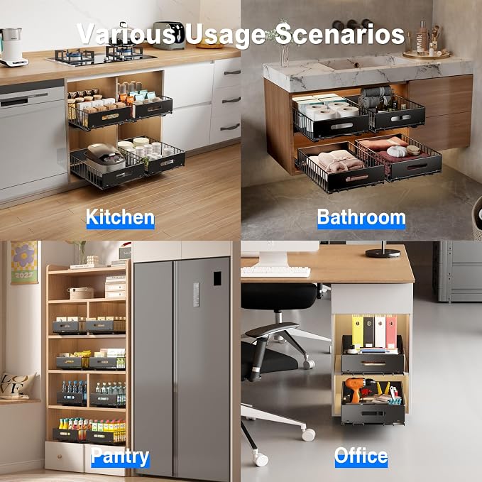 Mustorn 2 Pack Pull Out Cabinet Organizer, Slide Out Drawers for Cabinets, Peel and Stick, Heavy Duty Shelves for Kitchen, Cupboard, Pantry, Bathroom (16.5"D*11.8"W*3.94"H-Black) - Image 7