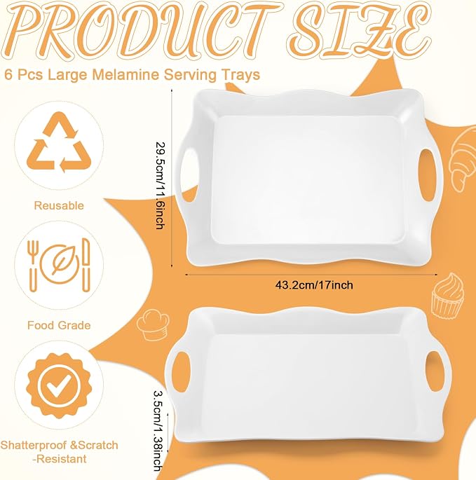 6 Pcs Large Melamine Serving Tray with Handles 17 x 12 Inch Rectangular Wave Melamine Serving Platters for Food, Eating, Turkey, Snack, Fruit, Desserts, Party, Dishwasher Safe - Image 2