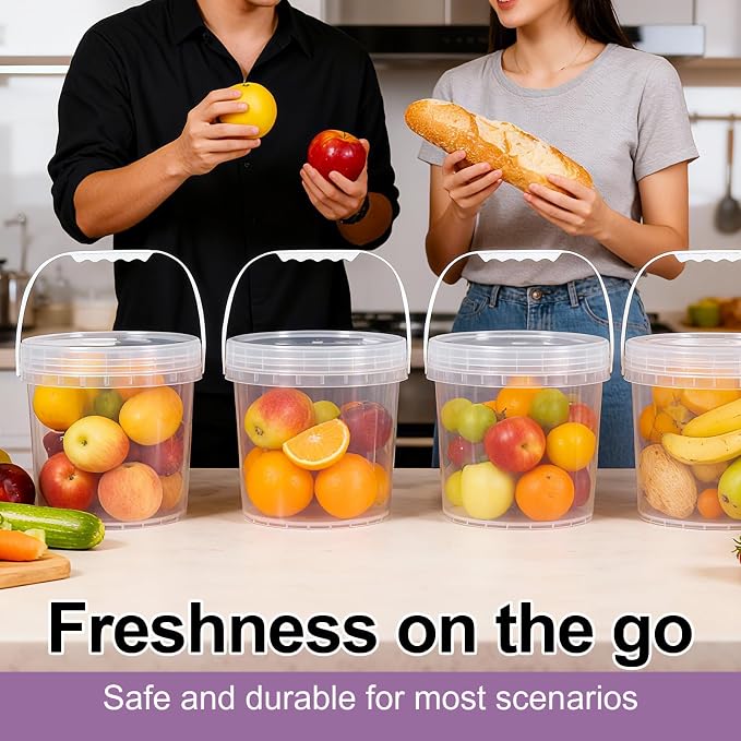 4 Pack 1 Gallon Food Grade Plastic Buckets with Screw Lids & Handle, Reusable Storage Containers for Snacks, Salad, Sauce - Clear Freezer Safe Bucket Set - Image 7