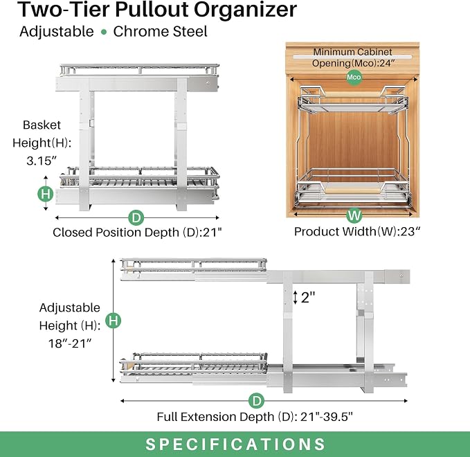 Pull out Cabinet Organizer, 2 Tiers 23"W X 21"D, Heavy Duty Smooth Sliding Under Cabinet Shelves for Pots and Pans, Full-Extension Roll out Drawers, Slide out Organization for Home Kitchen Pantry - Image 3