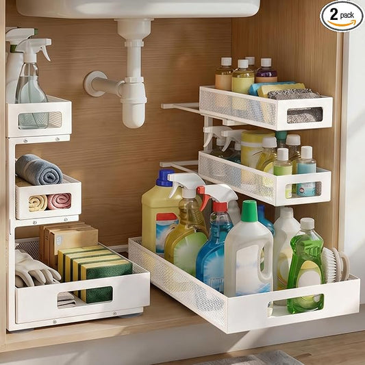 3 Tier Under Sink Organizer,2 Pack Pull Out Cabinet Shelves with Adjustable Height,Heavy Duty Carbon Steel L-Shaped Storage for Kitchen Bathroom Sink,Pantry & Laundry,White by Unknown