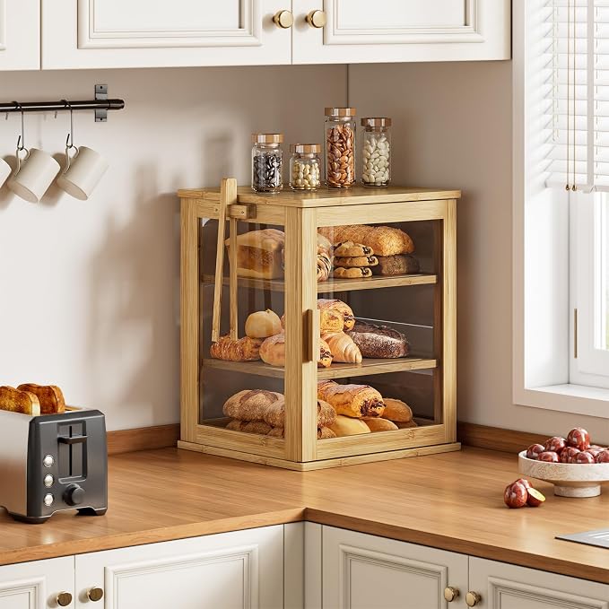 WOWLIVE Bread Box for Kitchen Countertop, 3 Layers Bread Storage Container | Large Bamboo Bread Bin for Homemade Bread with Window, Farmhouse Breadbox Organizer for Cabinet, Natural, Extra Large - Image 2