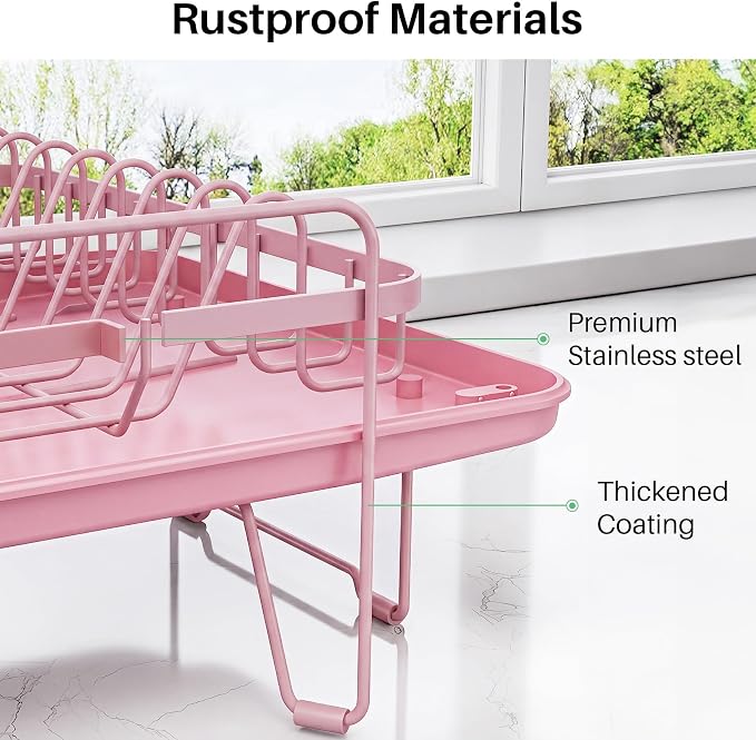 SNTD Large Dish Drying Rack for Kitchen Counter, Expandable, Pink | Stainless Steel Dish Drainer, Adjustable Length 18.9''-29.3'', Automatic Drainage, 360° Spout, Cutlery Holder with Knife Slot - Image 8