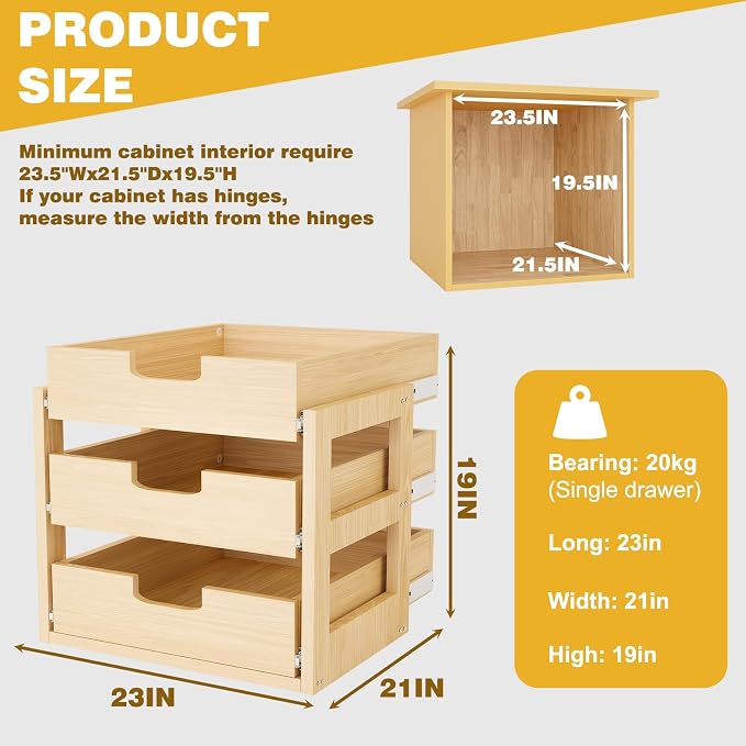 Pull Out Cabinet Organizer, 23''W×21''D×19''H Soft Close Slide Out Wooden Pull out Drawers, Three Tier Slide out Wood Cabinet Organizer, for Base Cabinet Organization in Kitchen, Pantry, Bathroom - Image 2